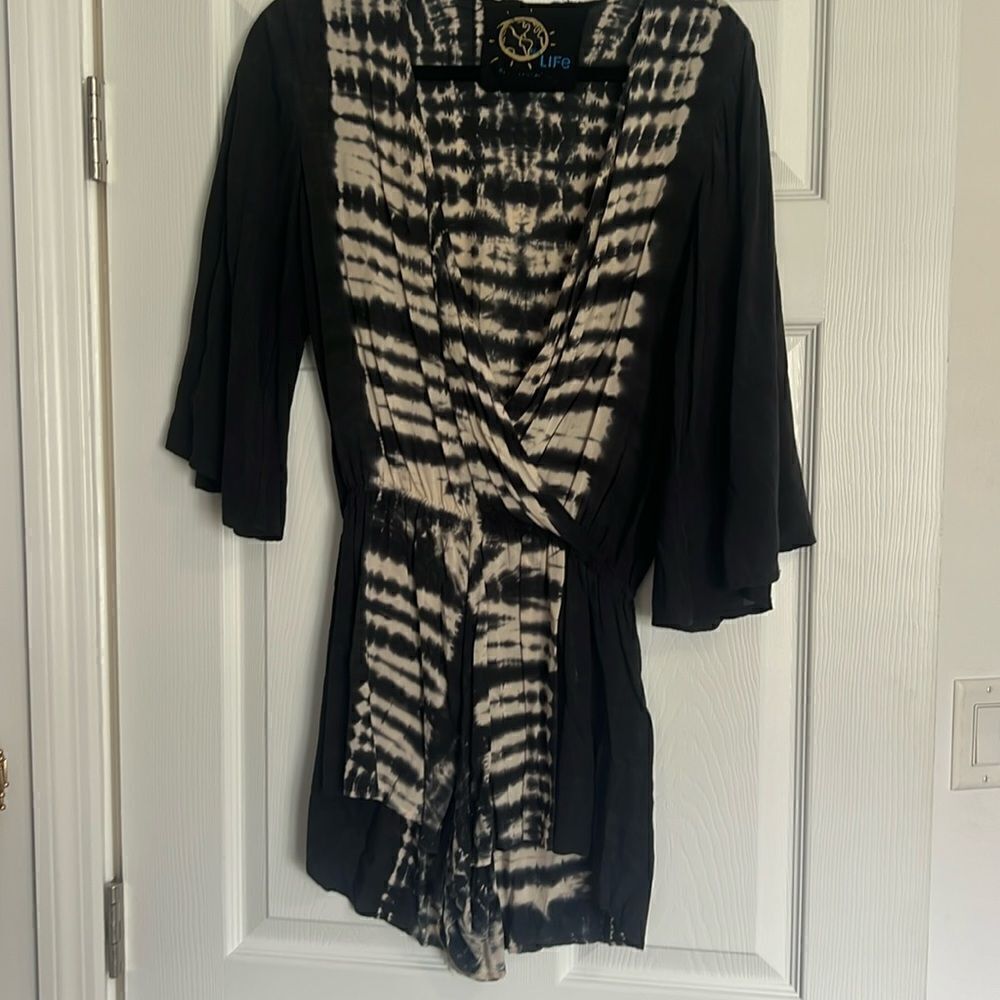 Planet Blue Romper - Navy Tie Dye Shorts Romper Cover Up - Bell Sleeve Like New